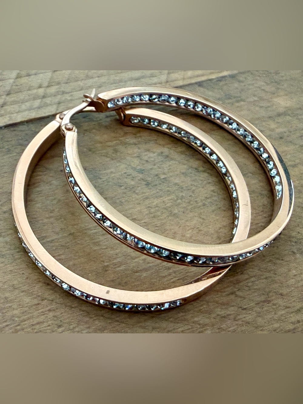 ROSE GOLD TONE INSIDE OUT CRYSTAL HOOP EARRINGS 1.75” LARGE STATEMENT SHIMMER